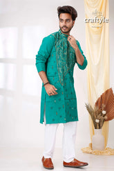 Rama green reverse kantha stitch mens kurta man teal embroidered intricate 3