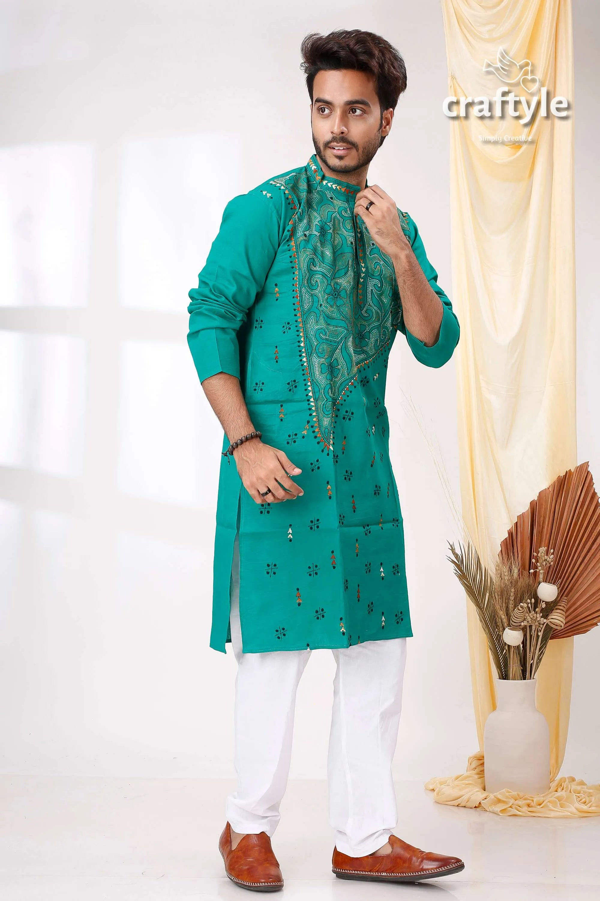 Rama green reverse kantha stitch mens kurta man teal embroidered intricate 3