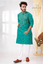 Rama green reverse kantha stitch mens kurta teal embroidered intricate silver 2