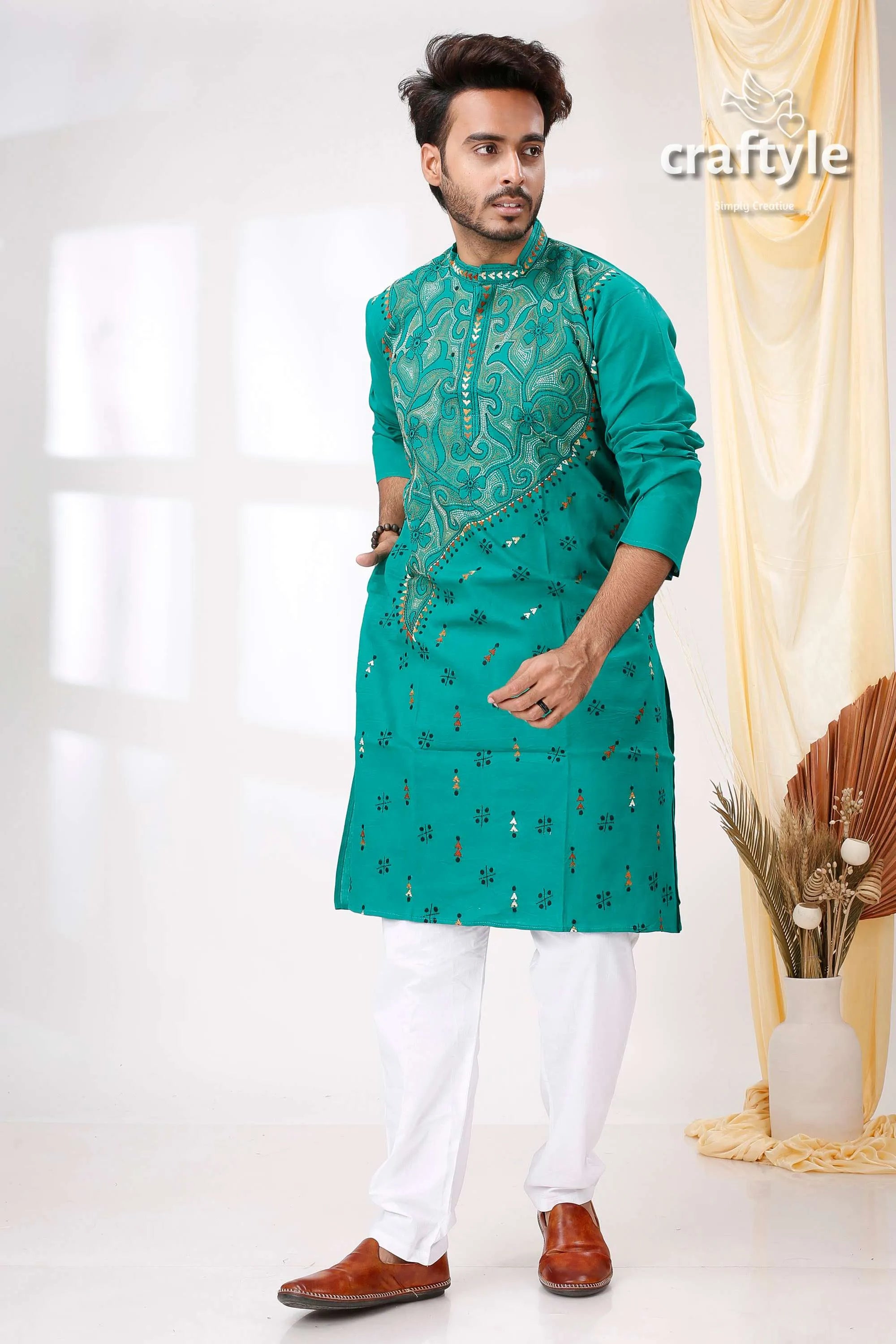 Rama green reverse kantha stitch mens kurta teal embroidered intricate silver 2