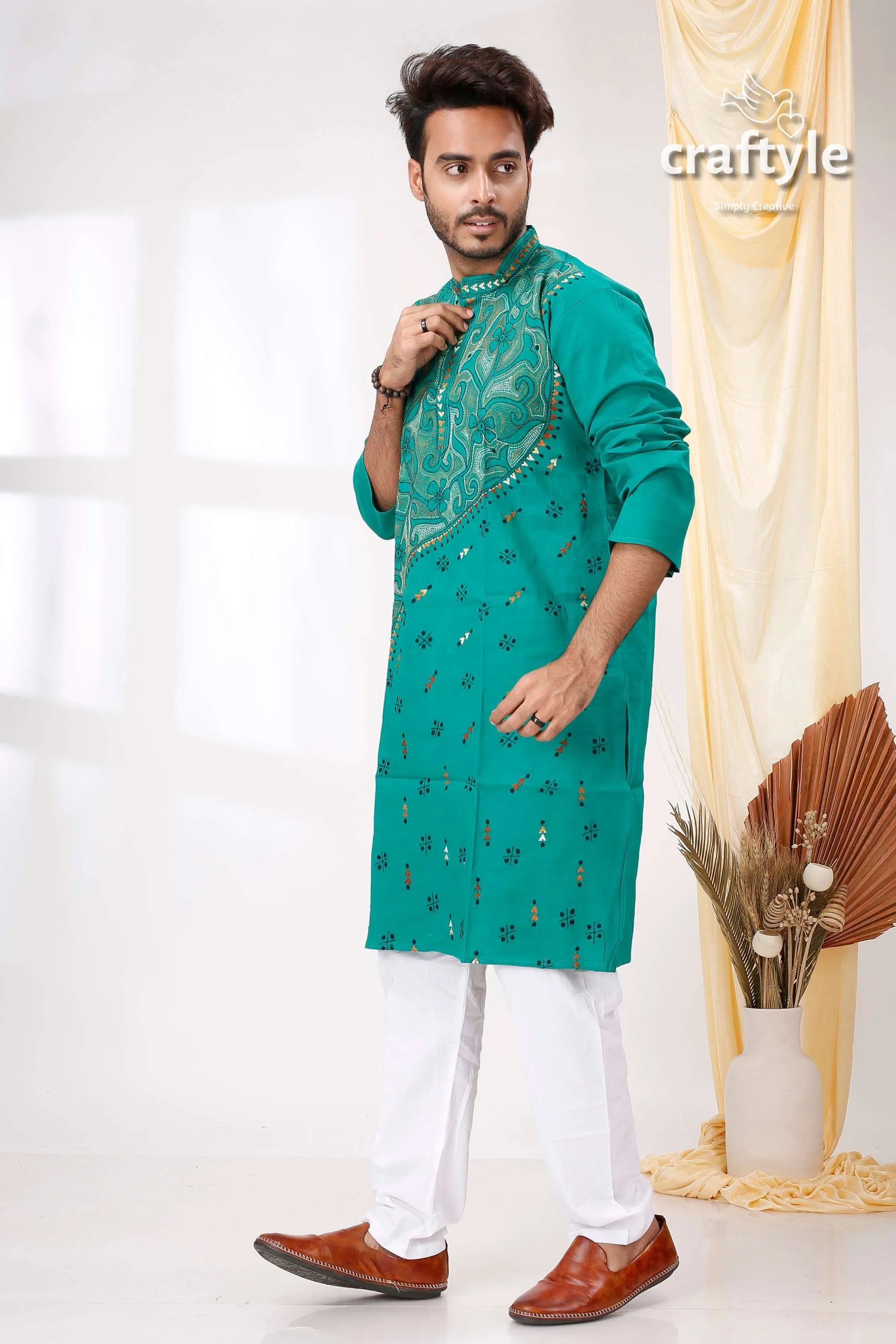 Rama green reverse kantha stitch mens kurta teal embroidered intricate gold 4