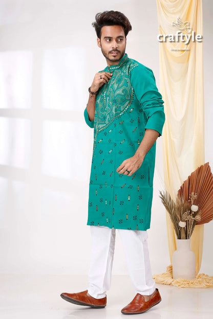 Rama green reverse kantha stitch mens kurta teal embroidered intricate gold 4
