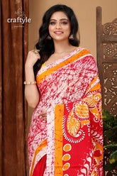 Rangoli pattern handcrafted batik pure cotton saree red white batik saree 2