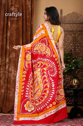Rangoli pattern handcrafted batik pure cotton saree red orange patterned saree 5