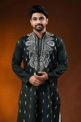 Rangoon green cotton kantha punjabi for men with white floral embroidery 2