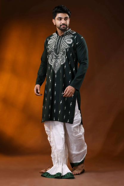 Rangoon green cotton kantha punjabi for men with white floral embroidery 3