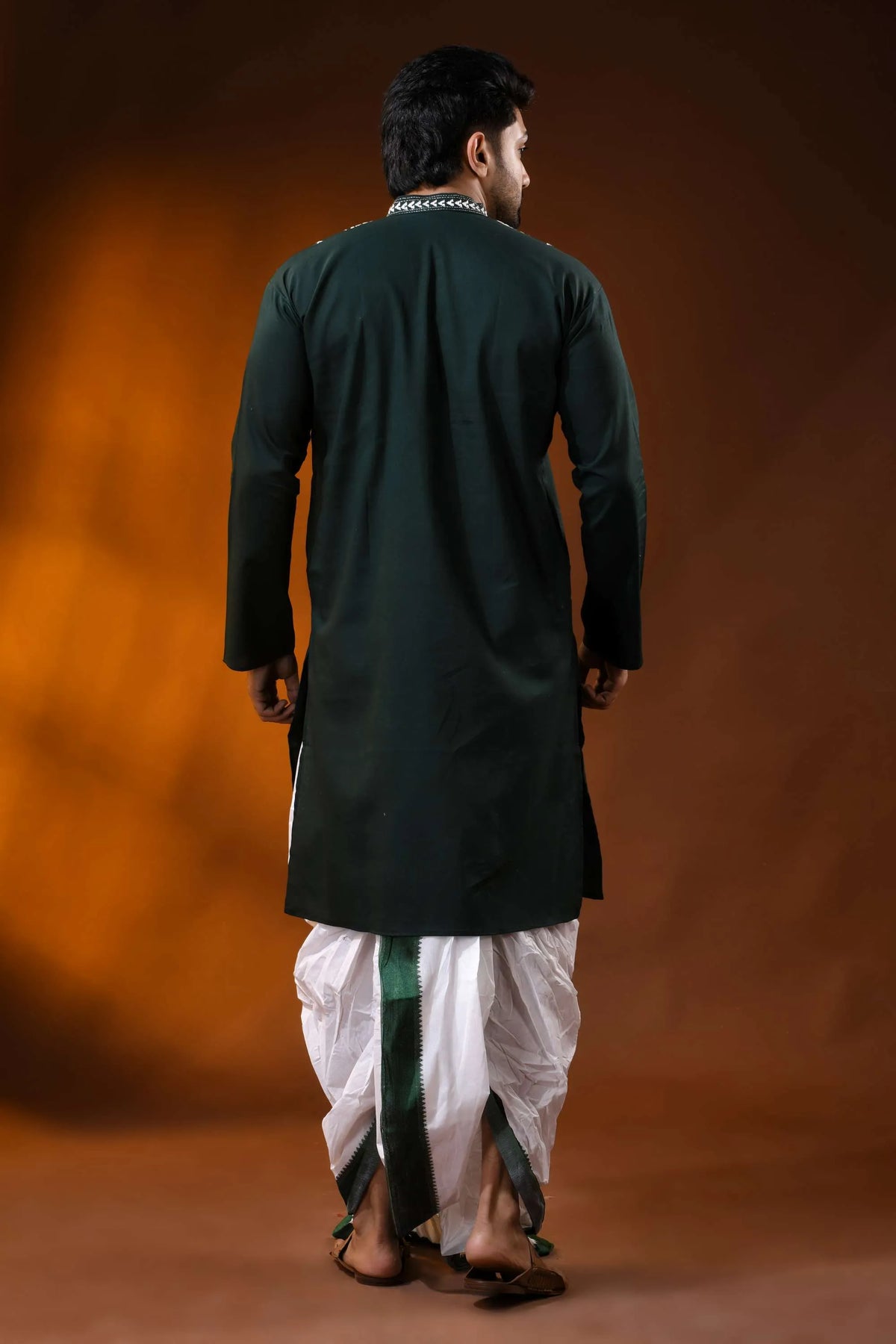 Rangoon green cotton kantha punjabi for men with white floral embroidery 5