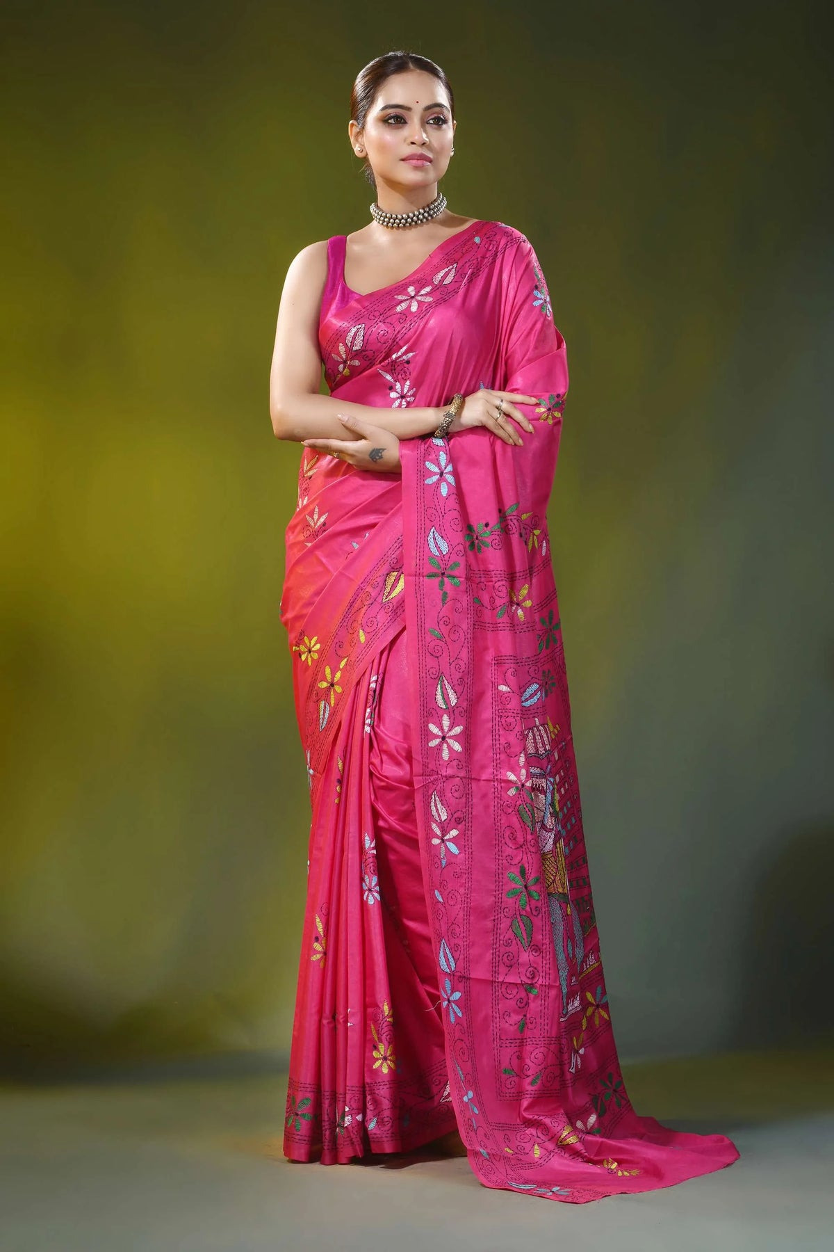 Rani pink hand embroidered bullock cart motif silk kantha saree 6