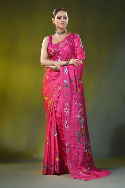 Rani pink hand embroidered bullock cart motif silk kantha saree 6
