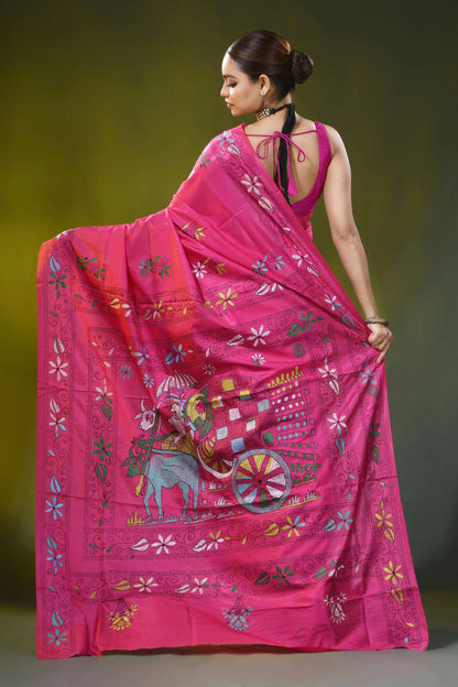 Rani pink hand embroidered bullock cart motif silk kantha saree 4