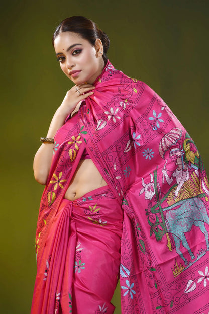Rani pink hand embroidered bullock cart motif silk kantha saree 2
