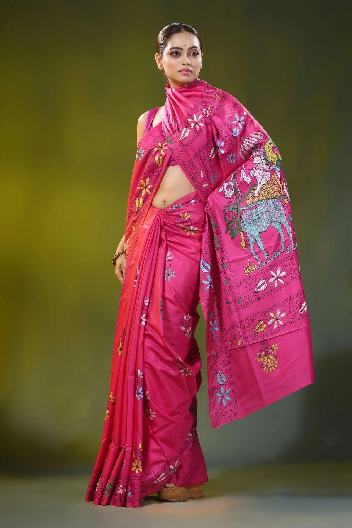 Rani pink hand embroidered bullock cart motif silk kantha saree 5