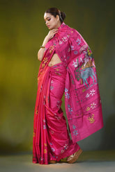 Rani pink hand embroidered bullock cart motif silk kantha saree 7