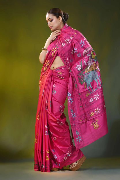 Rani pink hand embroidered bullock cart motif silk kantha saree 7