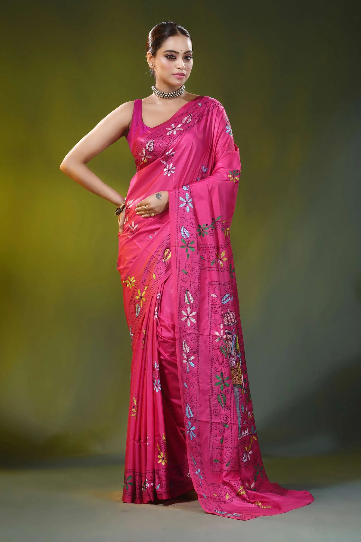 Rani pink hand embroidered bullock cart motif silk kantha saree 1
