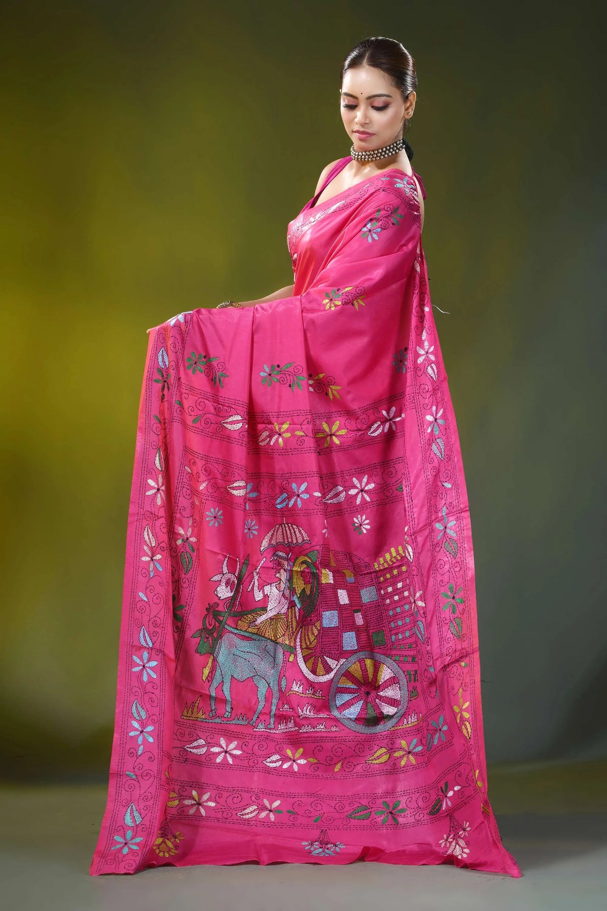 Rani pink hand embroidered bullock cart motif silk kantha saree 3