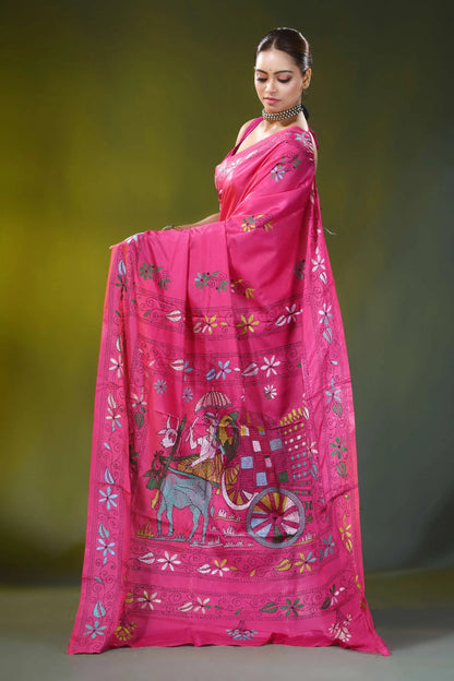 Rani pink hand embroidered bullock cart motif silk kantha saree 3