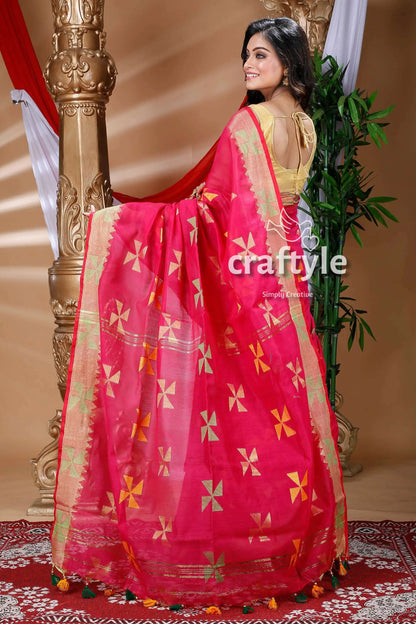Rani pink handloom cotton saree pink saree cross patterns 4