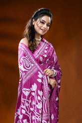 Rani pink handmade silk kantha saree with paisley lotus floral design 2