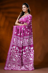 Rani pink handmade silk kantha saree with paisley lotus floral design 3