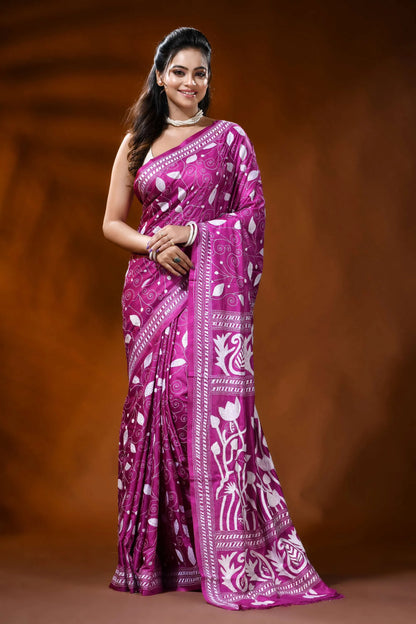 Rani pink handmade silk kantha saree with paisley lotus floral design 1