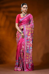 Rani pink kantha embroidery silk saree with floral mandala design 1