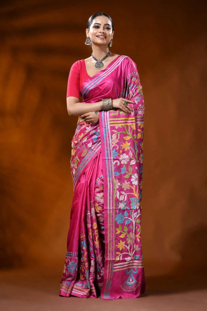 Rani pink kantha embroidery silk saree with floral mandala design 6