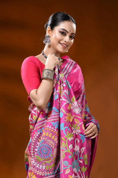 Rani pink kantha embroidery silk saree with floral mandala design 2