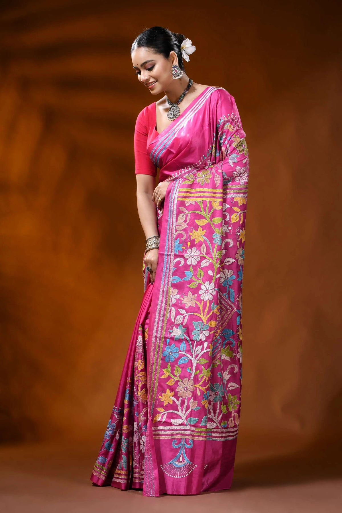 Rani pink kantha embroidery silk saree with floral mandala design 3