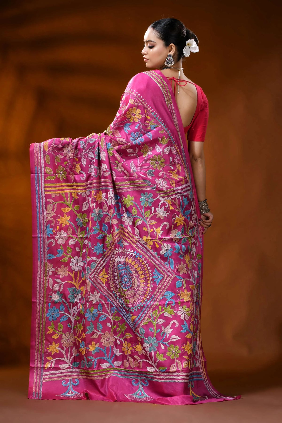 Rani pink kantha embroidery silk saree with floral mandala design 4