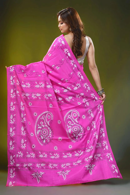 Rani pink kantha embroidery silk saree with handcrafted paisley design 5