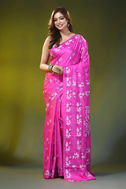 Rani pink kantha embroidery silk saree with handcrafted paisley design 1