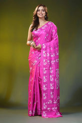 Rani pink kantha embroidery silk saree with handcrafted paisley design 6