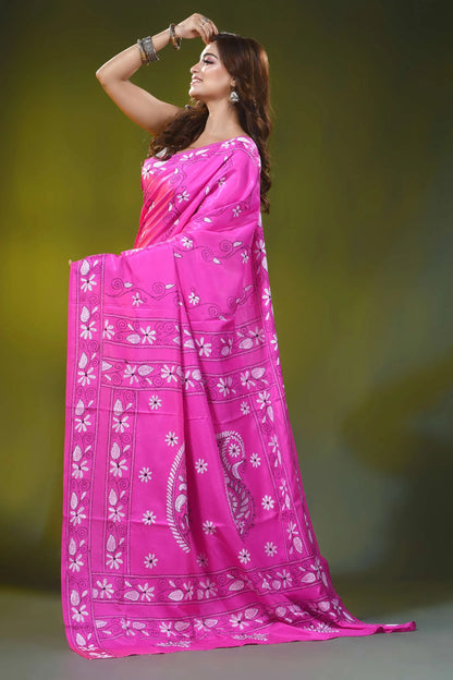 Rani pink kantha embroidery silk saree with handcrafted paisley design 4