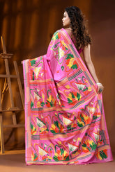 Rani pink lotus motif hand embroidered silk kantha work saree 5