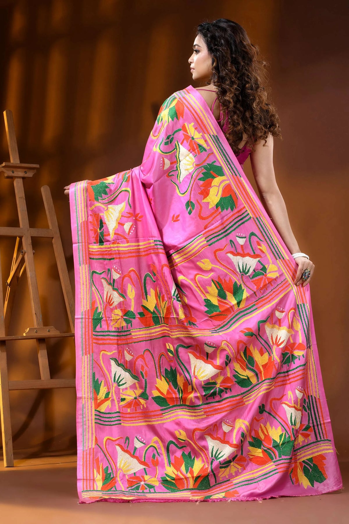 Rani pink lotus motif hand embroidered silk kantha work saree 5