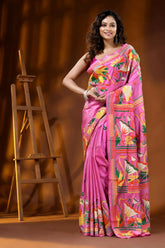 Rani pink lotus motif hand embroidered silk kantha work saree 6