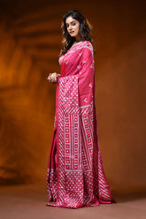 Rani pink silk gujarati stitch saree with mirror work geometric design 3