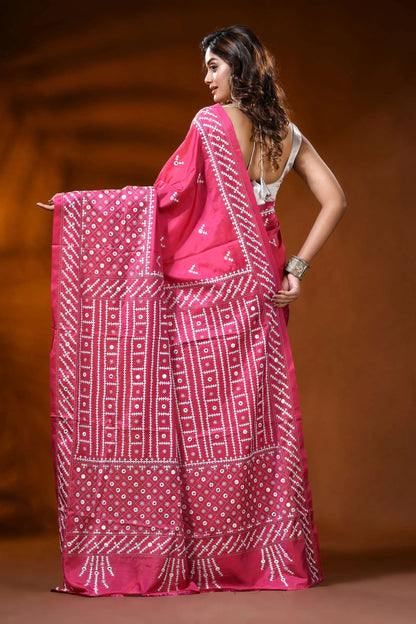 Rani pink silk gujarati stitch saree with mirror work geometric design 5