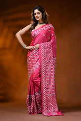 Rani pink silk gujarati stitch saree with mirror work geometric design 1