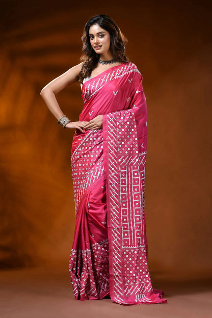Rani pink silk gujarati stitch saree with mirror work geometric design 1