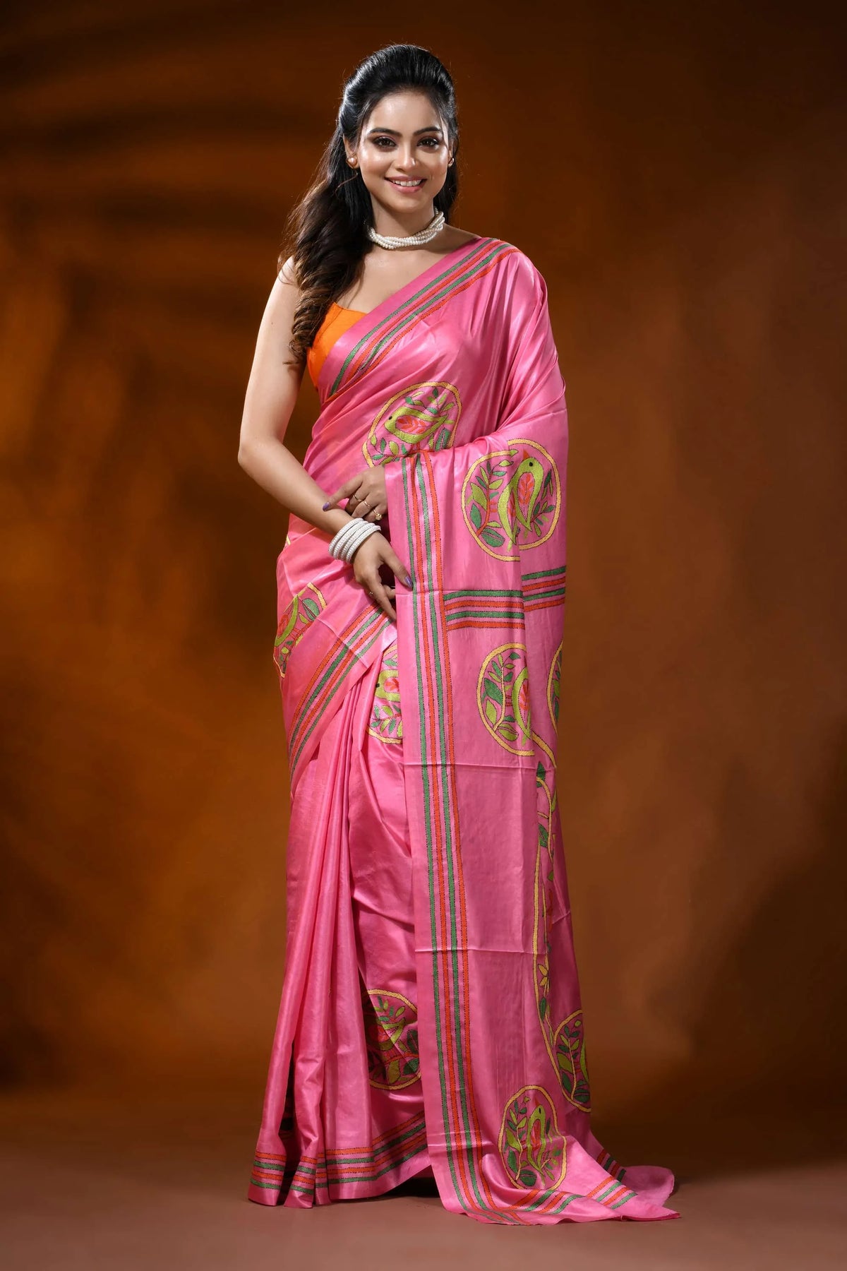 Rani pink silk kantha stitch saree with bird floral nature design 7