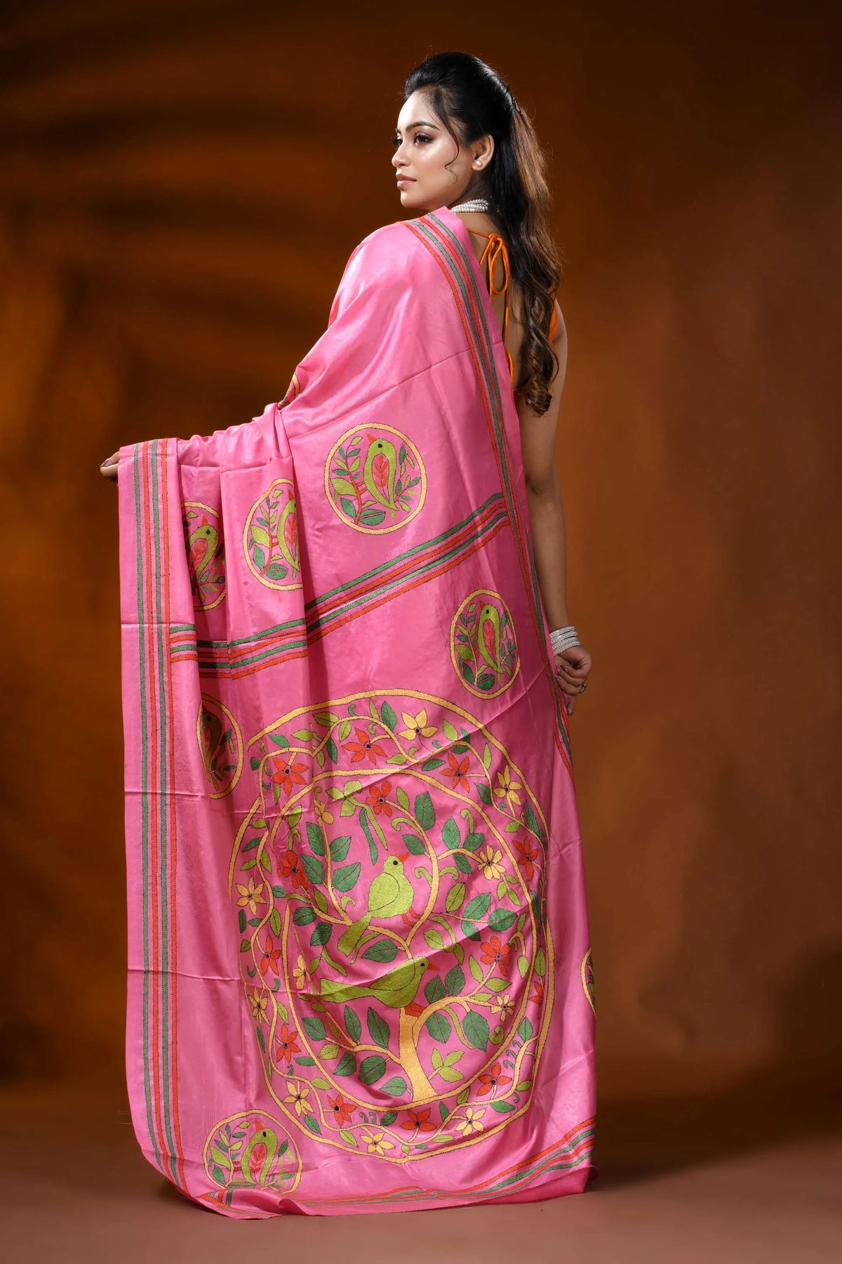 Rani pink silk kantha stitch saree with bird floral nature design 6