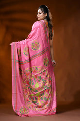 Rani pink silk kantha stitch saree with bird floral nature design 6