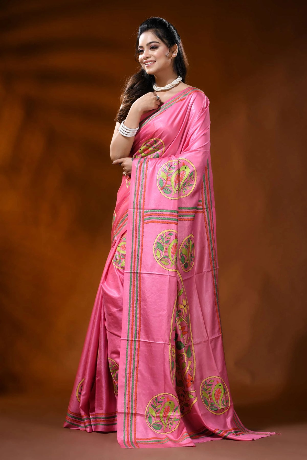 Rani pink silk kantha stitch saree with bird floral nature design 5