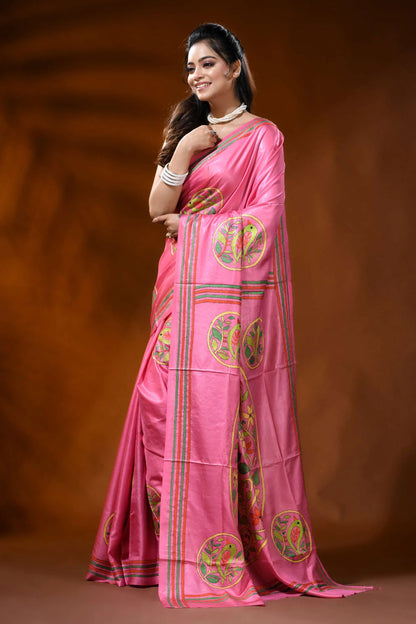 Rani pink silk kantha stitch saree with bird floral nature design 5