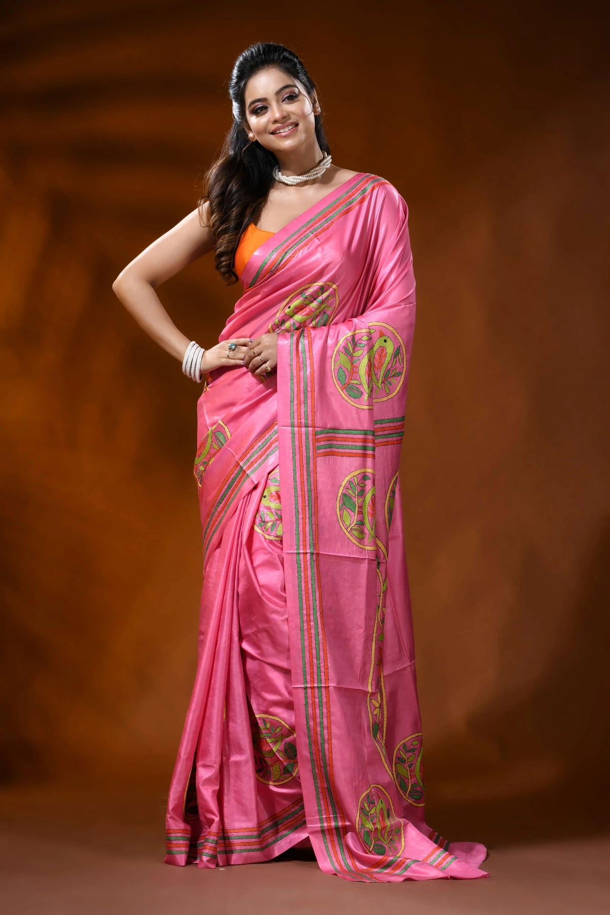 Rani pink silk kantha stitch saree with bird floral nature design 3