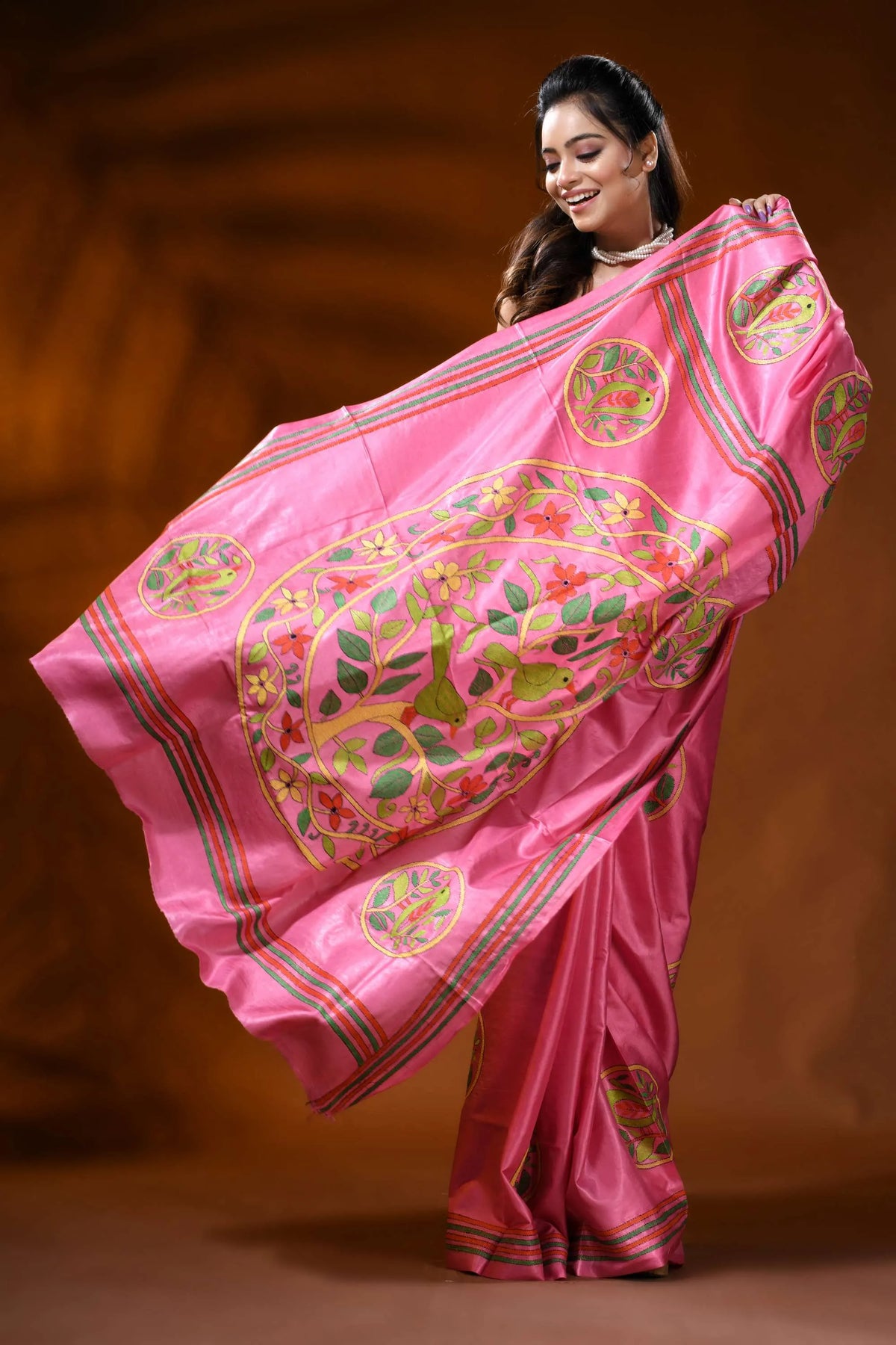 Rani pink silk kantha stitch saree with bird floral nature design 4