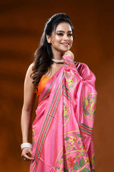 Rani pink silk kantha stitch saree with bird floral nature design 2