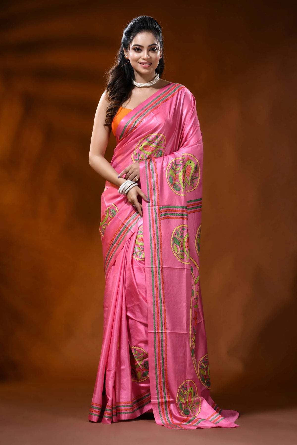Rani pink silk kantha stitch saree with bird floral nature design 1